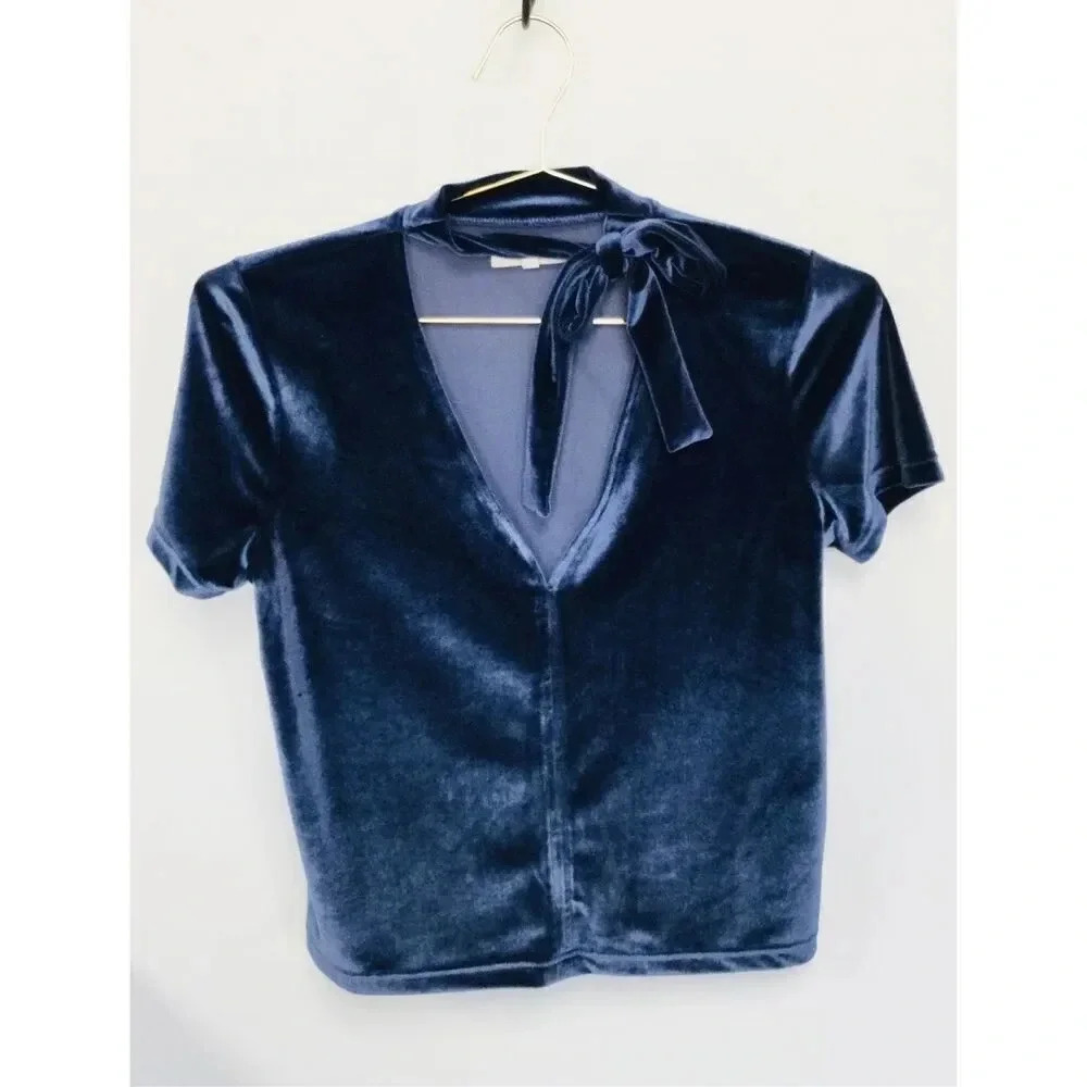 Madewell Women's Navy Blue Velvet Short Sleeve Tie-Neck Top Blouse Size‎ Small